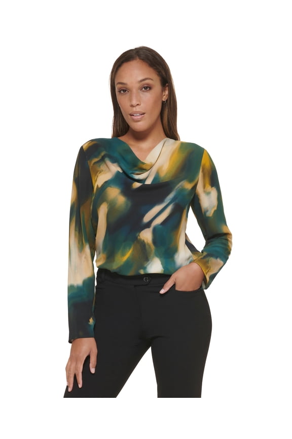 Womens Printed Cowlneck Long Sleeve Top Forest Multi L