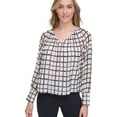 thumbnail image 1 of Calvin Klein Womens Printed Plaid V Neck Peasant Blouse, Multicoloured, X-Large, 1 of 1