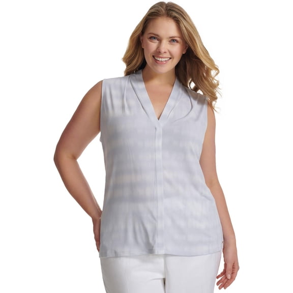 Calvin Klein Womens Printed Sleeveless Blouse Top, Blue, Plus Size, 1X