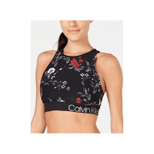 Calvin Klein Womens Printed Strappy-Back Low-Impact Sports Bra,Charcoal,M