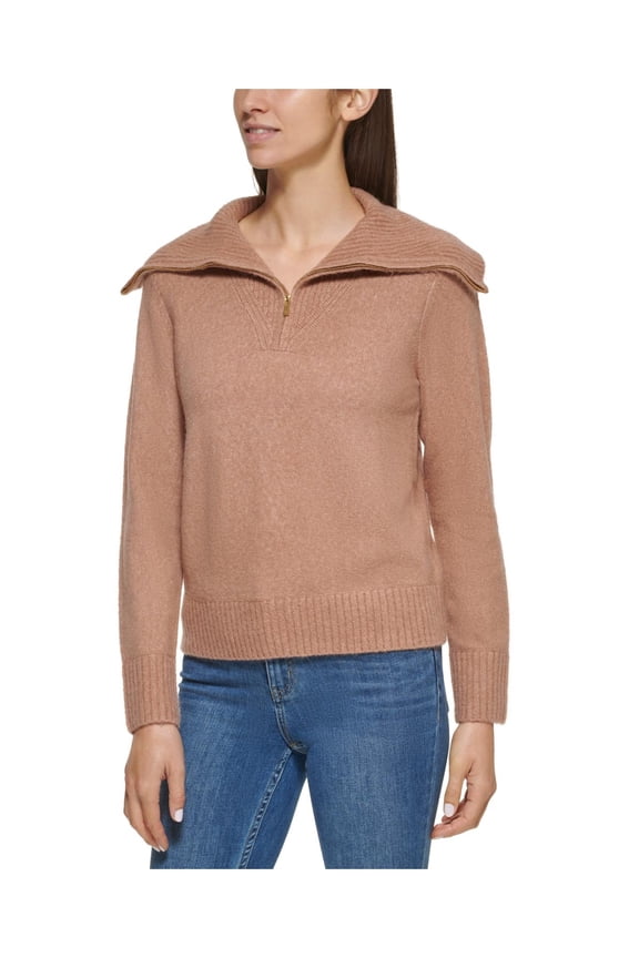 Womens Quarter Zipper Ribbed Trim Pullover Sweater