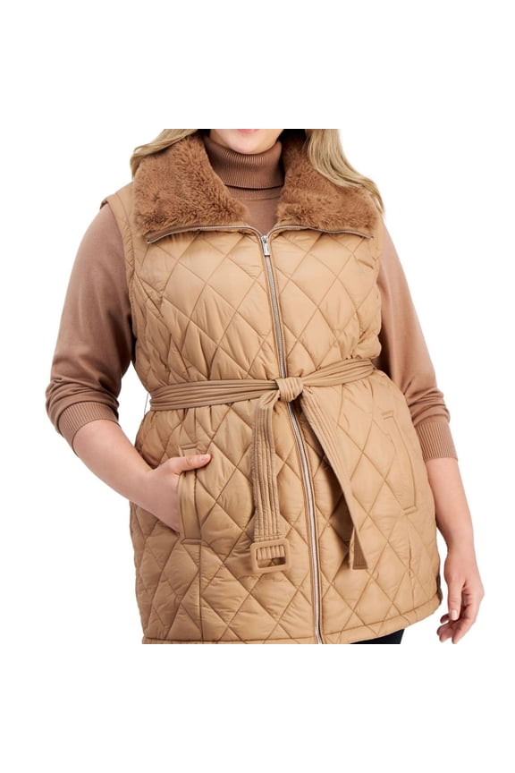 Womens Quilt Faux Fur Vest, Beige, Plus Size, 2X