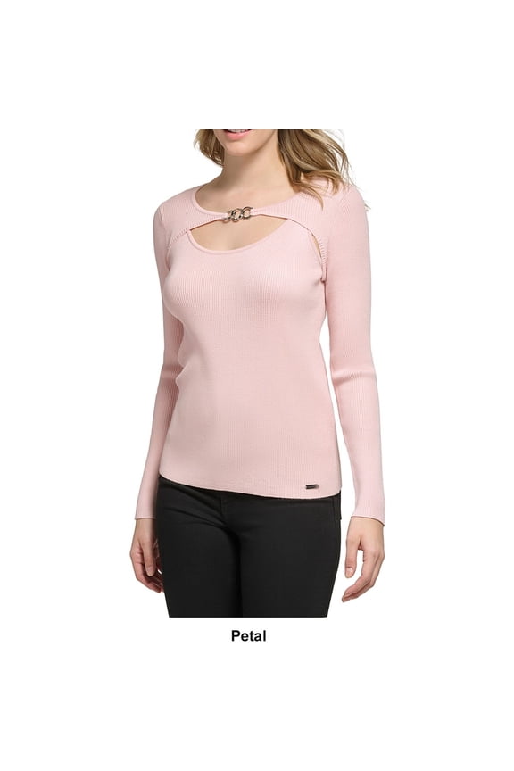 Womens Ribbed Cut-Out Pullover Sweater, Pink, X-Large