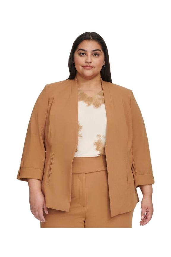 Womens Roll-Tab Blazer Jacket, Beige, Plus Size, 18W