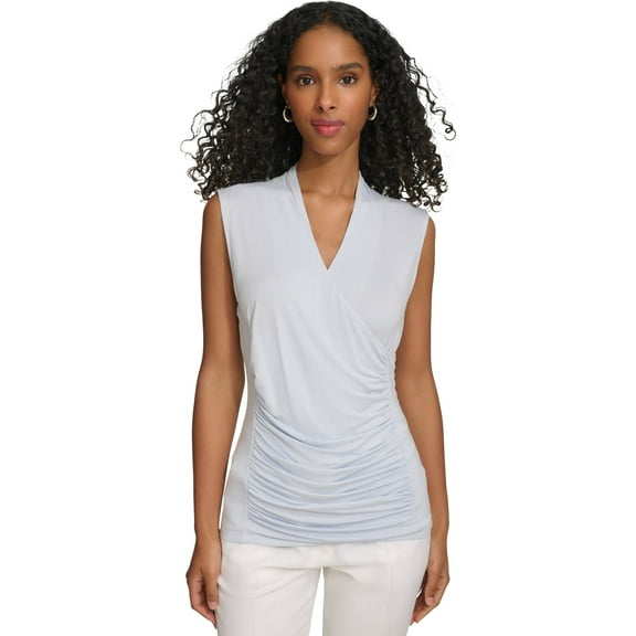 Calvin Klein Womens Ruched Sleeveless Blouse Top, Blue, X-Large
