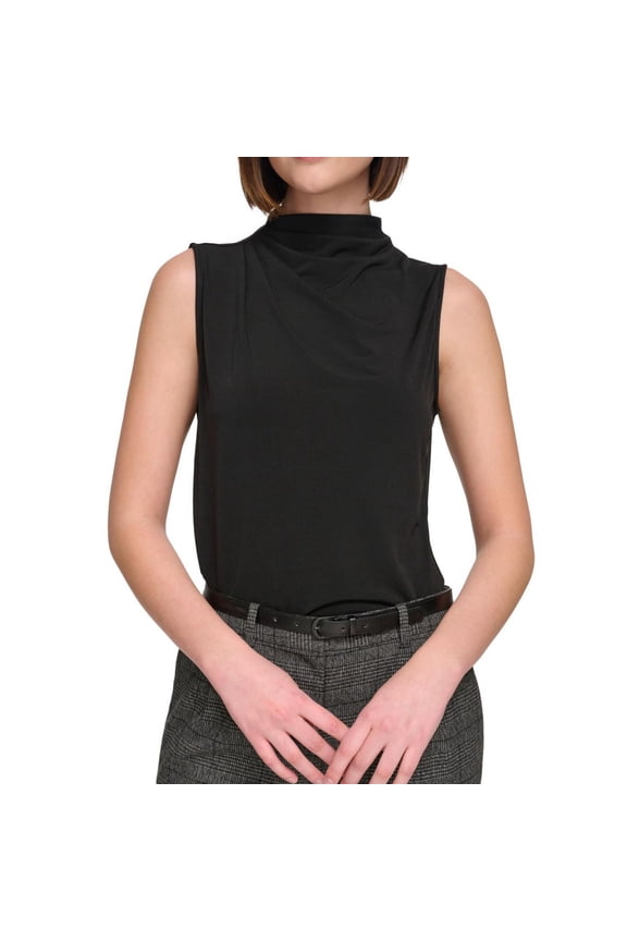 Womens Ruching Sleeveless Blouse Top, Black, Petite, PP/PXS