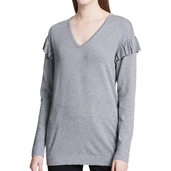 Calvin Klein Womens Ruffled Knit Sweater, Grey, Large