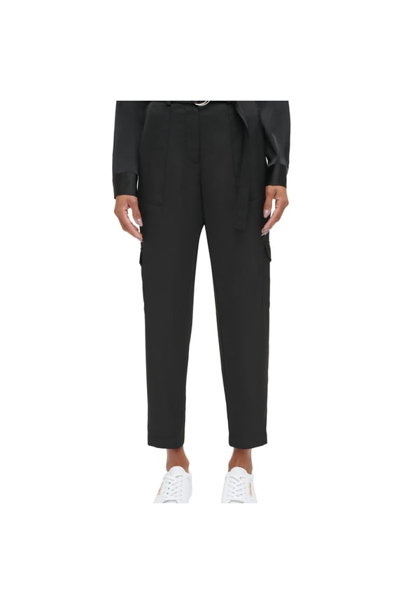 Womens Satin Belted Casual Cargo Pants, Black, 14