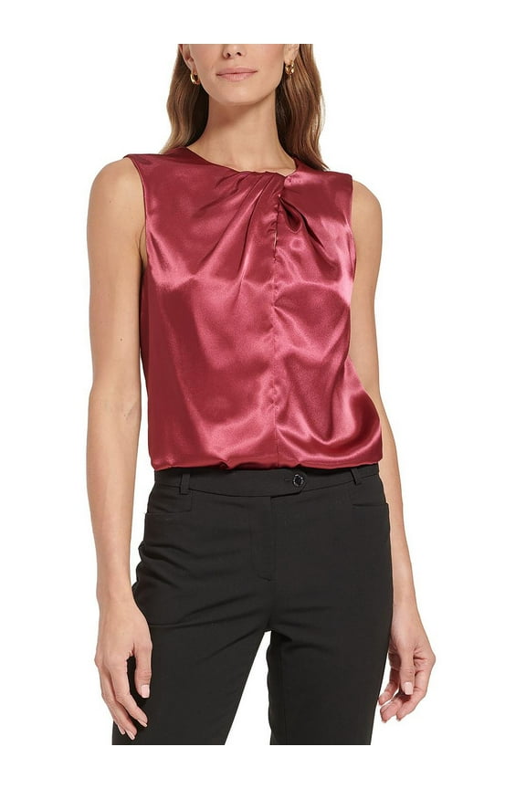 Womens Sleeveless Pleat Neck Top Cranberry S