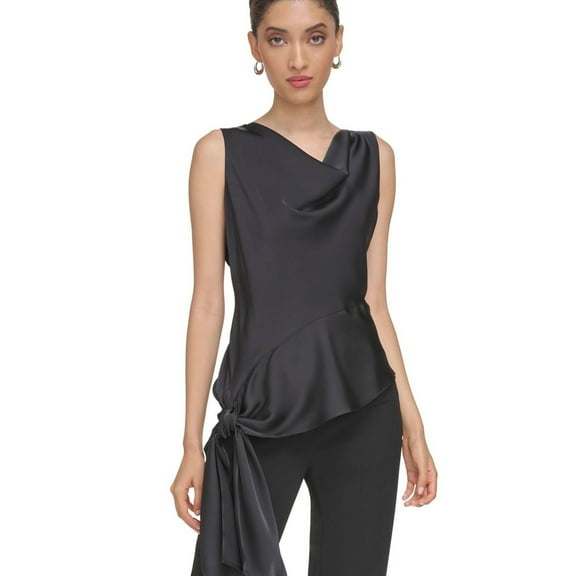 Calvin Klein Womens Side Tie Sleeveless Blouse Top, Black, Large