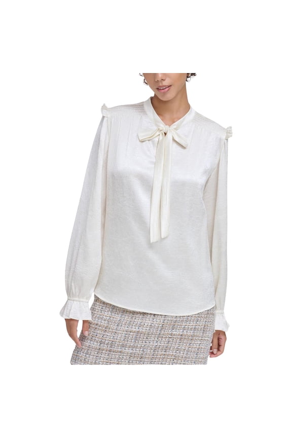 Womens Textured Satin Tie Neck Ruffled Pullover Blouse, Off-White, X-Large