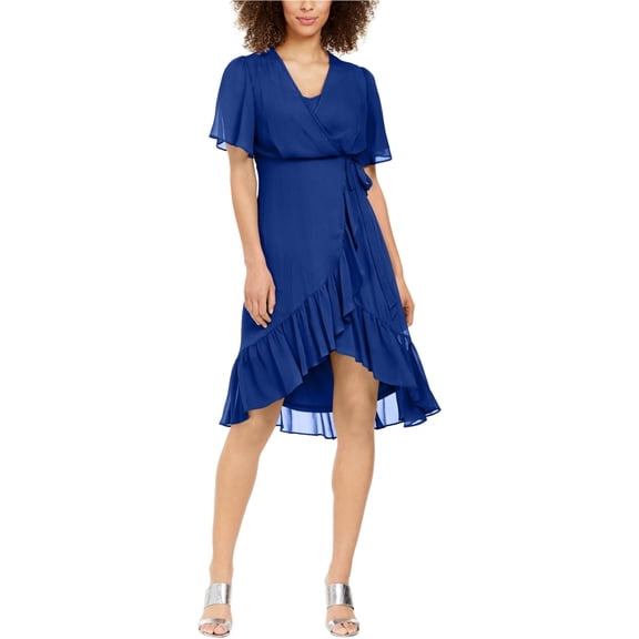 Calvin Klein Womens Surplice Hi Low Wrap Dress Blue 4