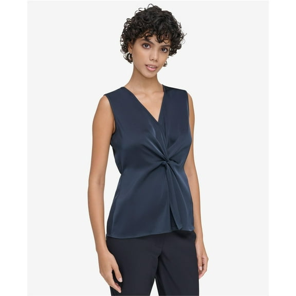 Calvin Klein Womens Twist Front Tunic Blouse, Blue, Large