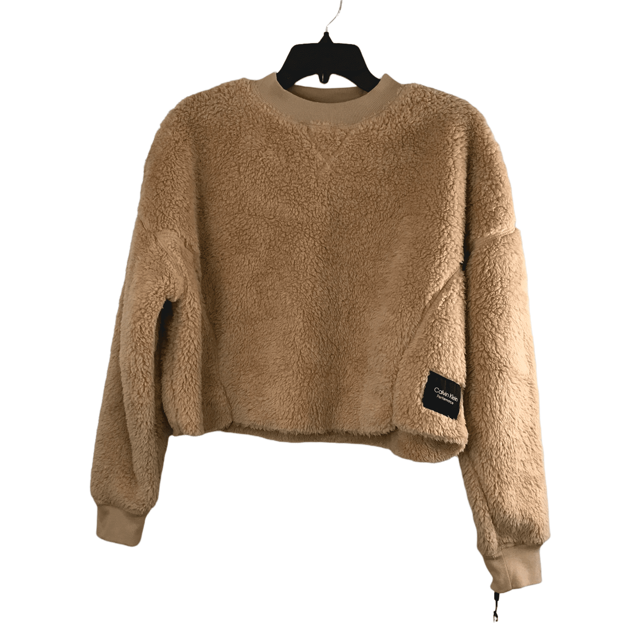 Calvin Klein Womens Wheat Beige Faux Sherpa Crewneck Crop Pullover Top Sz M 59