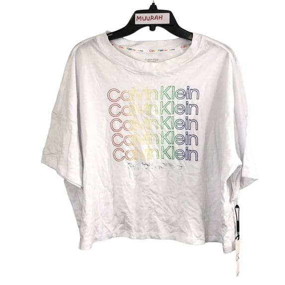 Calvin Klein Womens White Rainbow Logo Basic Cropped Relaxed T-Shirt Size XL $39
