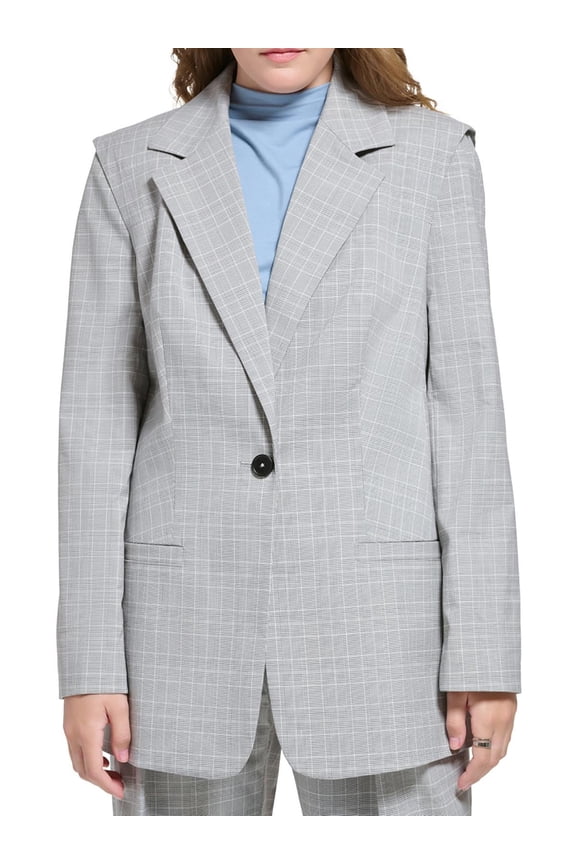 Women's X-Fit Oversized One Button Plaid Blazer Cream Multi 12