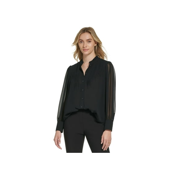 Calvin Klein Womens X Fit Long Sleeve Button Front Chiffon Blouse Black S