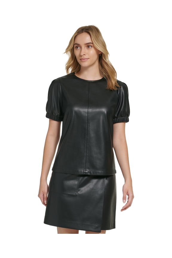 Womens X Fit Short Sleeve Faux Leather Top Black XS