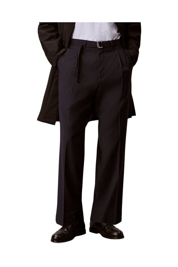mens Straight Wool-Blend Pinstripe Belted Trouser, 30, Blue