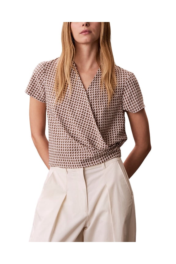 womens  Crepe Print Wrap Top, l, Brown