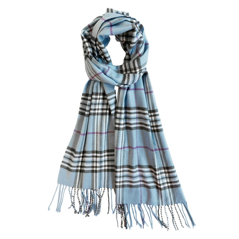 Cashmere Scarf with Classic Plaid & Fringe in Mocha, Blue, & Black