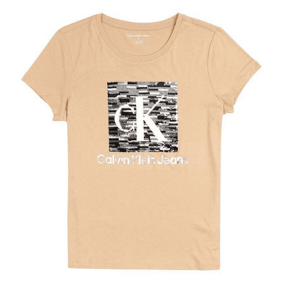 Calvin klein Women's Short Sleeve Crew Neck Sequin T-Shirt, Almond Latte, Med