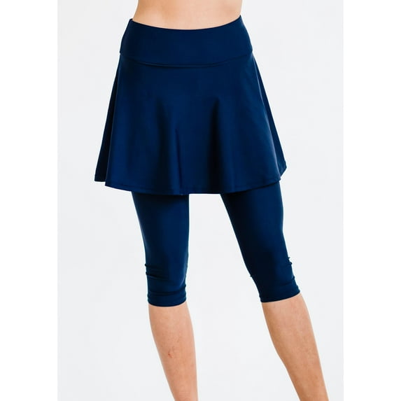 Calypsa Women's and Women's Plus High Waisted Flared Swim Skort with Attached Capri Leggings