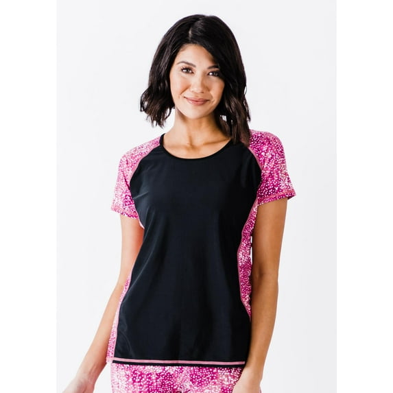Calypsa Women's and Women's Plus Short Sleeve Loose Fit Adele Swim Top
