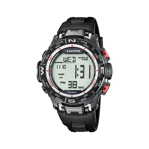 Calypso 52mm Mens Digital Sports Watch, Rubber Strap, Chronograph, Timer, Light, Day / Date Calendar, World Time
