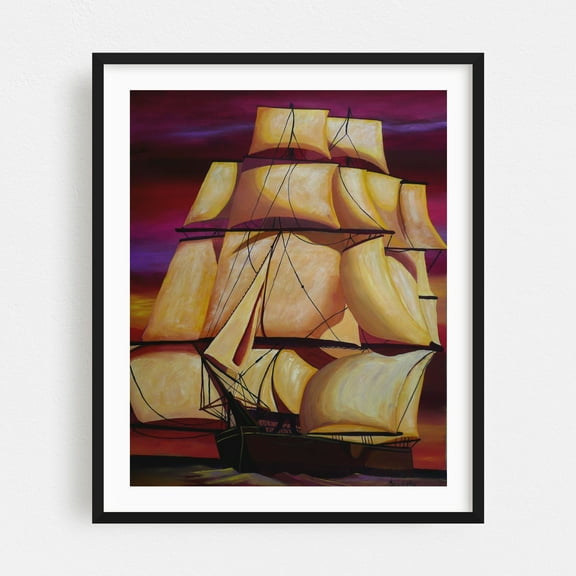 Calypso under Sail - Painting Sailboat Nautical Sunset Seascape Boat Harbor Art Deco Black Framed Wall Art Print 8 x 10 inches