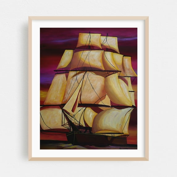 Calypso under Sail - Painting Sailboat Nautical Sunset Seascape Boat Harbor Art Deco Oak Framed Wall Art Print 9 x 12 inches