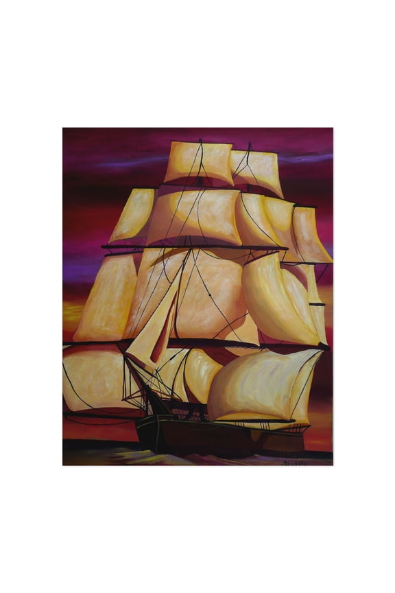 Calypso under Sail - Painting Sailboat Nautical Sunset Seascape Boat Harbor Art Deco Unframed Wall Art Print 11 x 14 inches