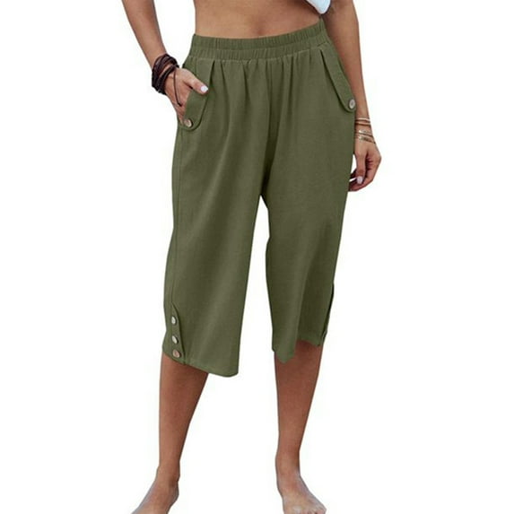 Calzi Capris For Women Elastic Waist Cotton Capris Pants Buttons Pleated Loose Linen Lounge Cropped Trousers With Pockets Green 2XL