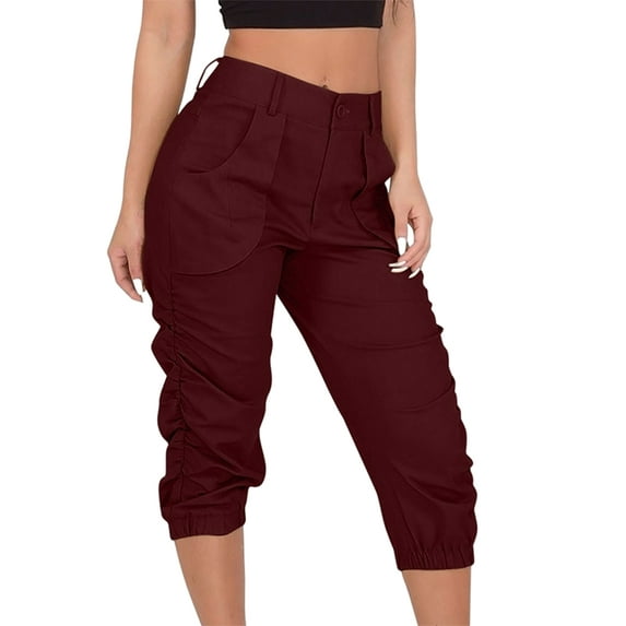 Calzi Cargo Pants For Women Pocket Capris Pants Summer Casual Loose Cropped Pants With Pockets Womens Yoga Pants Size S-3XL Wine Red 2XL