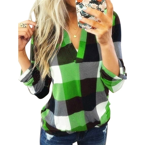 Calzi Flannel Plaid Shirt Tops For Women Long Sleeve Polo Neck Checked Tunic Jumper Pullover Roll Up Lounge Loose Blouse Tops Size S-5XL