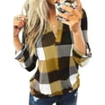 thumbnail image 1 of Calzi Flannel Plaid Shirt Tops For Women Long Sleeve Polo Neck Checked Tunic Jumper Pullover Roll Up Lounge Loose Blouse Tops Size S-5XL, 1 of 2