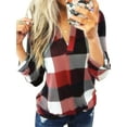 thumbnail image 1 of Calzi Flannel Plaid Shirt Tops For Women Long Sleeve Polo Neck Checked Tunic Jumper Pullover Roll Up Lounge Loose Blouse Tops Size S-5XL, 1 of 2