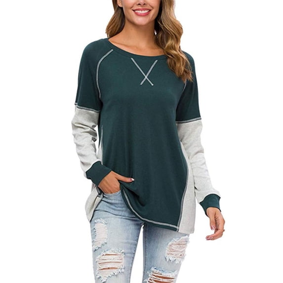 Calzi Long Sleeve Crew Neck Shirts for Womens Tunic Pullover Tops Color Blocks Casual Top Green S