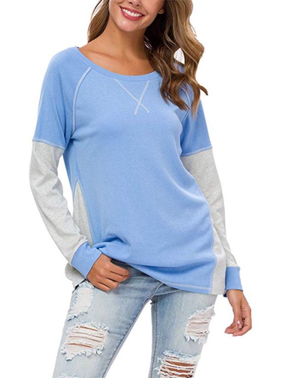 Calzi Long Sleeve Crew Neck Shirts for Womens Tunic Pullover Tops Color Blocks Casual Top light Blue XXL