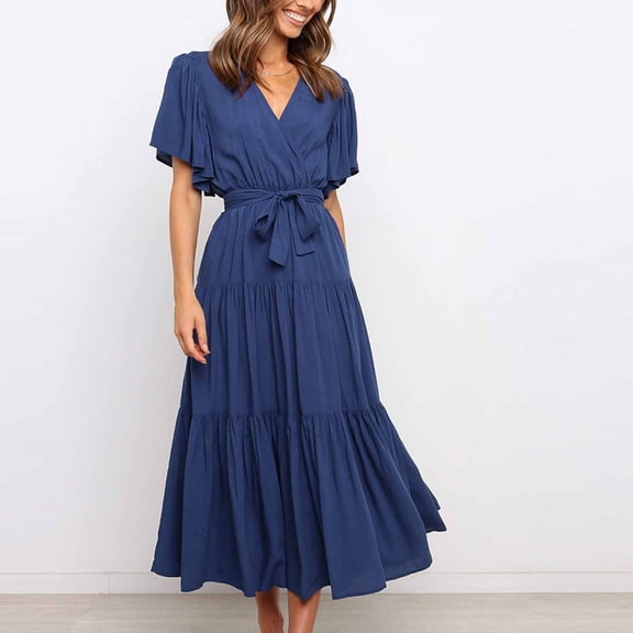 Calzi Short Sleeve V Neck Shirts Dress for Womens Solid Color Swing Dress Dailywear Summer Dress Navy Blue XL