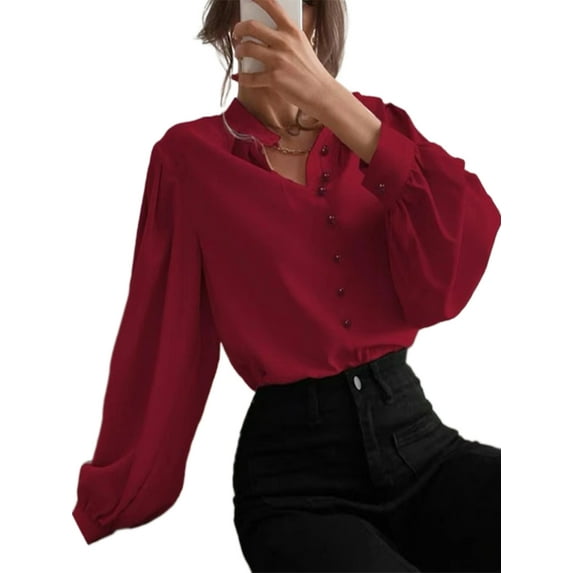 Calzi Women Formal Dressy Shirts Buttons Up Elegant Evening Party Blouse Long Sleeve Plain Tee Tops Claret S