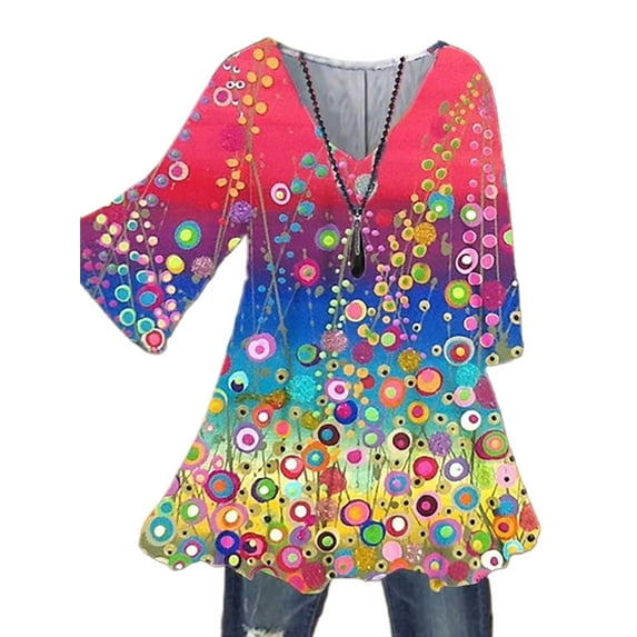 Calzi Women Summer Short 3/4 Sleeve Tunic Blouse Tops V-neck Basic Shirts Boho Floral Print Tops Blouse Kaftan Baggy Tunics Blouse Loungewear Size S-3XL 7 3XL