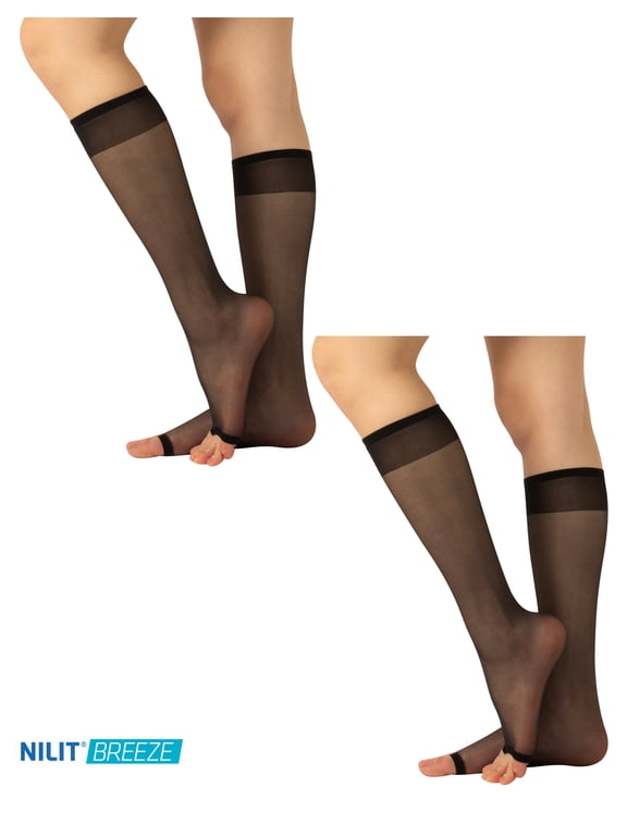 - 2 Pairs Open Toe Knee High Socks, Toeless Over-the-Calf Socks, Light Fabric Sheer 10 Denier, Ultra Soft Freetoes for Women (One Size, Black or Nude)