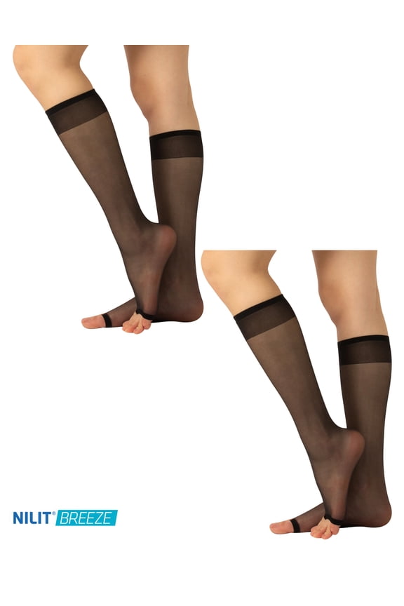 - 2 Pairs Open Toe Knee High Socks, Toeless Over-the-Calf Socks, Light Fabric Sheer 10 Denier, Ultra Soft Freetoes for Women (One Size, Black or Nude)