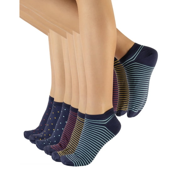 Calzitaly 50 DEN 6 Pairs Ankle Liner Socks, Opaque Trainer Socks In Microfiber – Unisex (USA: 10-13.5 = EU: 41/46, Navy - Polka Dots + Stripes)