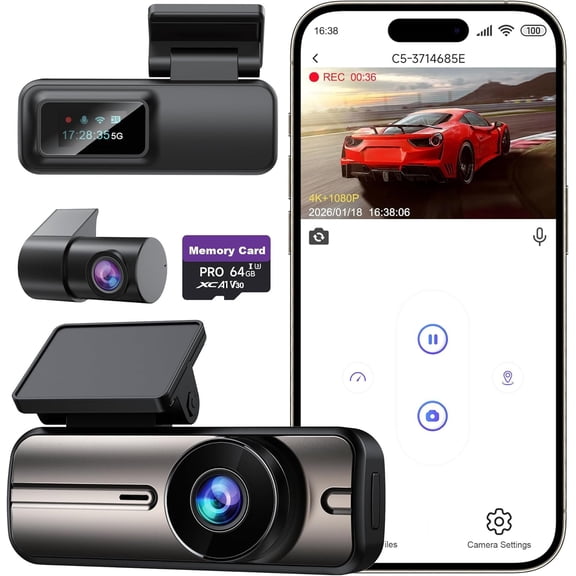Cam Front and Rear 4K+1080P, 5GHz WiFi, Dashcam with 64GB Card, App Control, G-Sensor Recording, Loop Recording, 24H Parking Mode Supports, Camera for