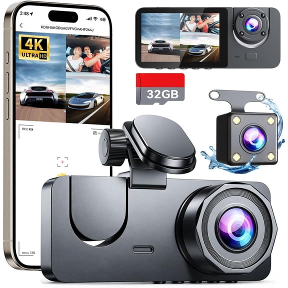 Cam Front and Rear Inside, 3 4K+1080P Camera for , Free 32GB Card Included, App Control, 2" IPS Screen, G-Sensor, Loop Recording, Night Vision, 170?Wide Angle, Parking