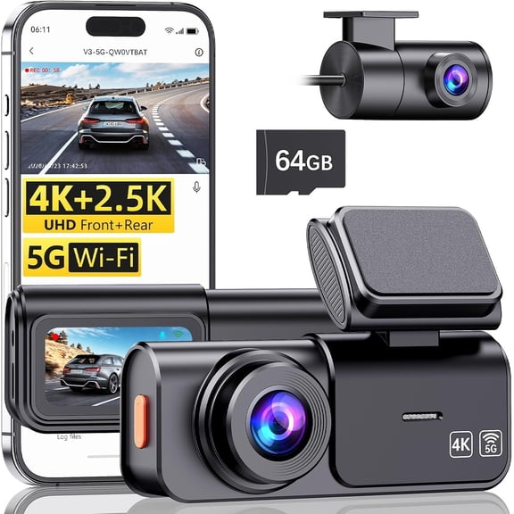 Cam Front and Rear: 4K+2.5K Dashcam with 5G WiFi APP Control & 64GB Card - Camera for with 24H Parking Mode Night Vision Loop Recording Lock (V3)