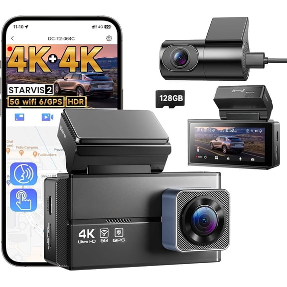 Cam Front and Rear - C4 4K -in GPS and 5G WiFi, Free 128GB Card Included, HDR Night Vision, WDR, 4K UHD Camera for , App, 24H Parking Mode