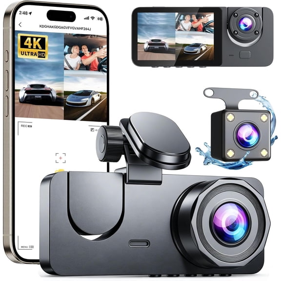 Cam Front and Rear Inside, 3  4K+1080P  Camera for , App Control, 2" IPS Screen, G-Sensor, Loop Recording, Night Vision, 170?Wide Angle, Parking